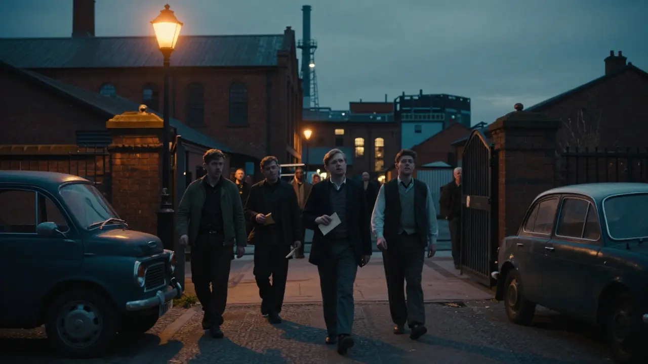 Workers leaving a Manchester factory at dusk with a new car in the foreground