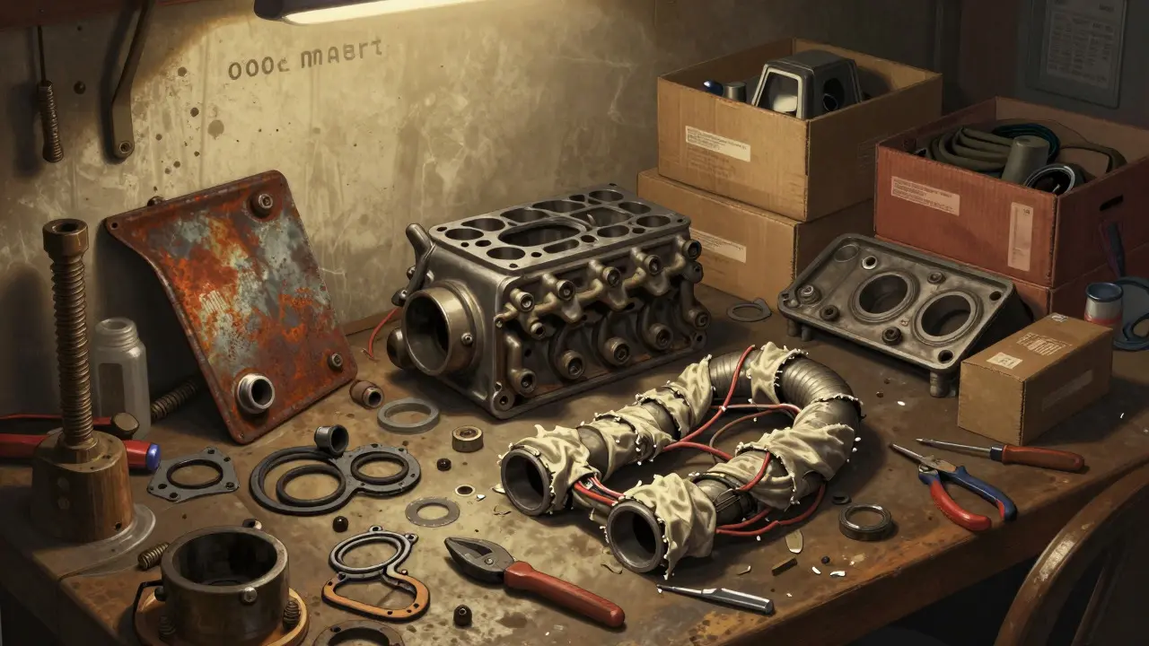Workshop table cluttered with classic car engine parts, wiring harnesses, and tools