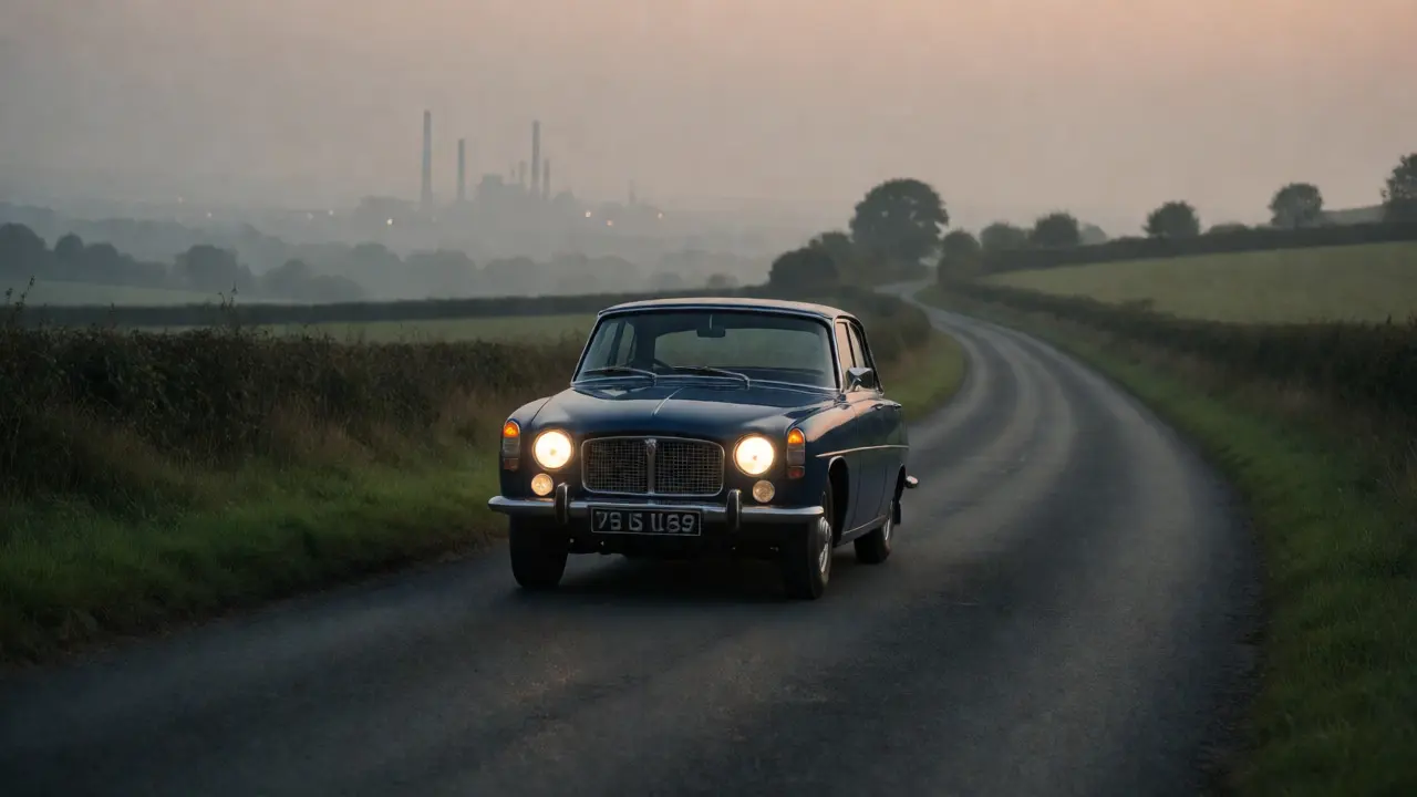 A dark blue Rover P6 V8 driving on a misty country road at dusk, showcasing its grand touring capabilities.