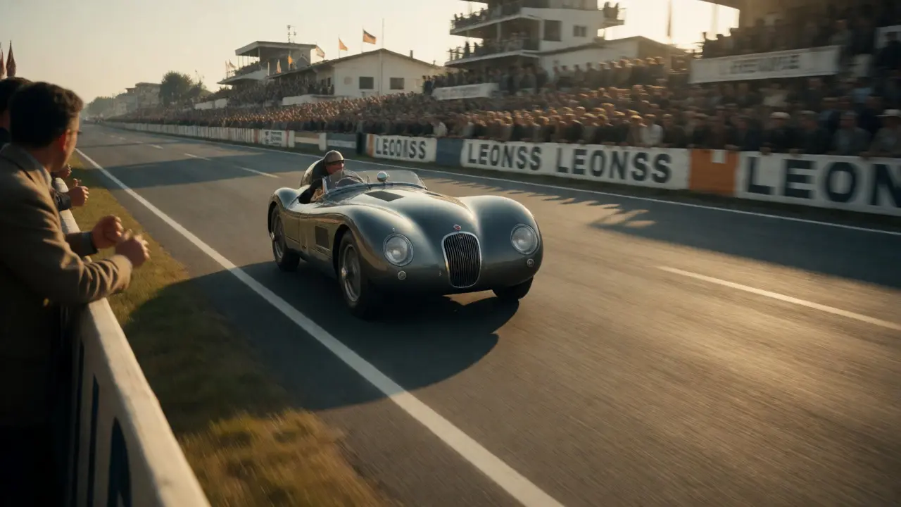 A Jaguar C-Type race car speeding around the Le Mans circuit
