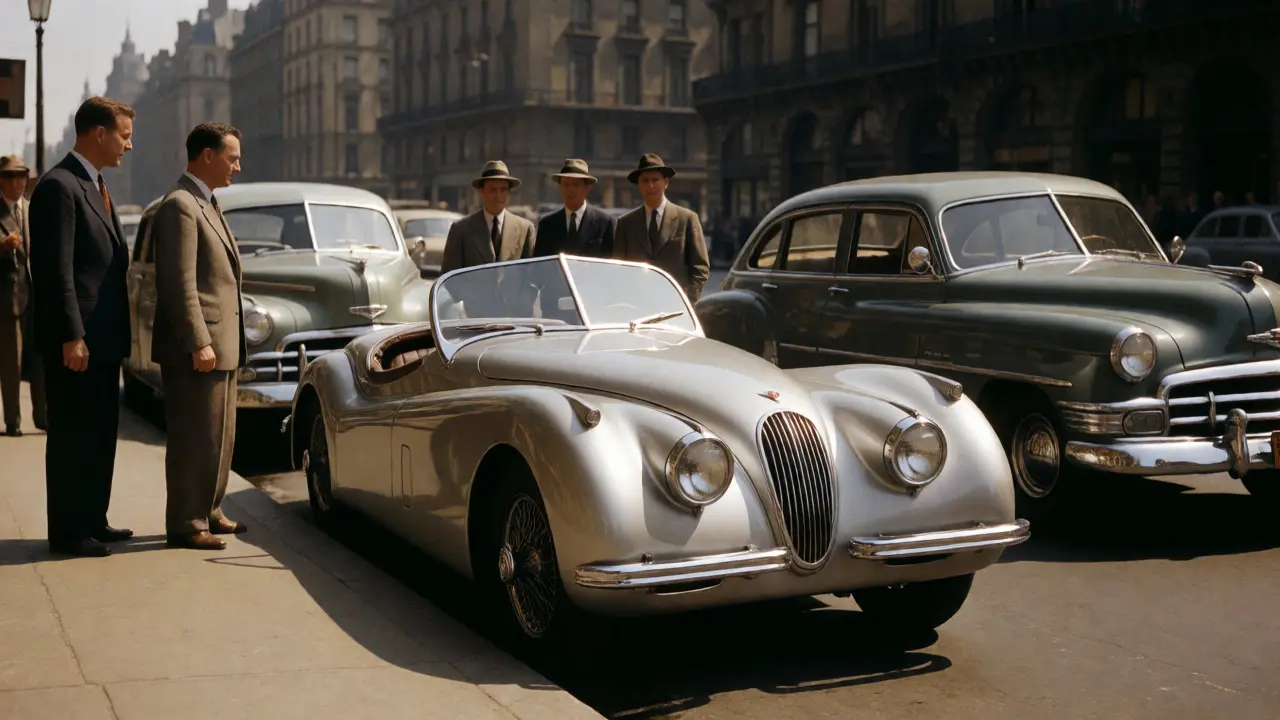A silver Jaguar XK120 parked on a 1950s city street attracting attention
