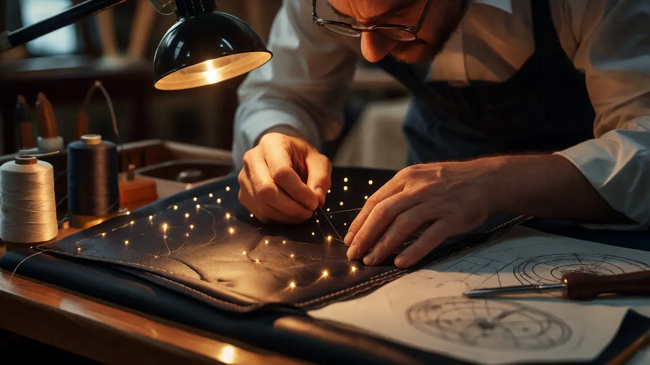 An artisan's hands carefully stitching fiber-optic lights into a luxury car's starlight headliner.