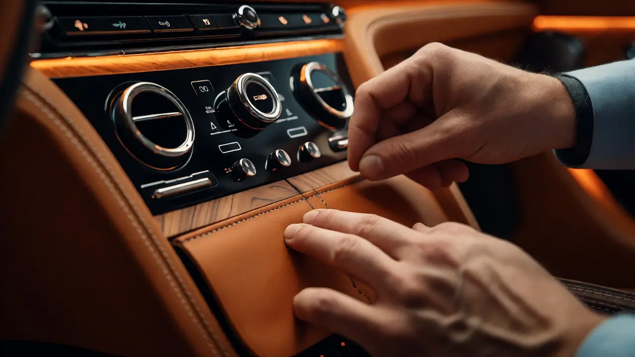 Artisan stitching leather in a luxury car cabin with modern tech