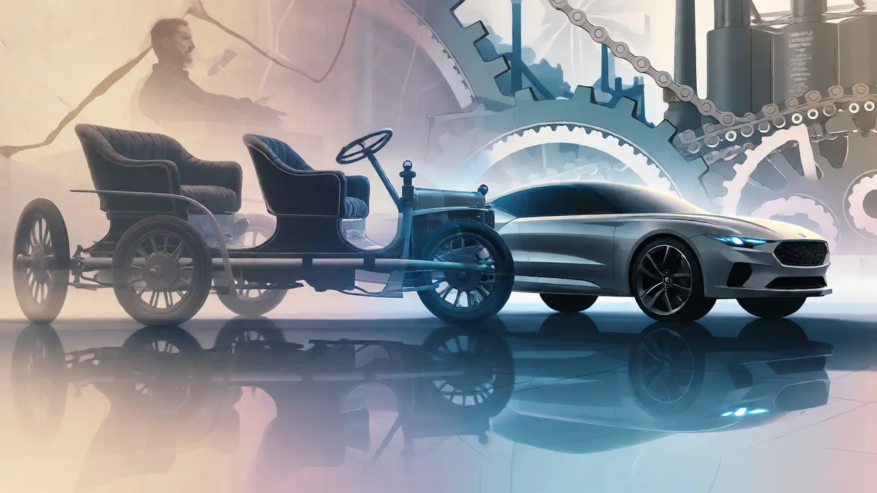 Artistic visualization linking Stephens' 1897 car to modern British automotive design