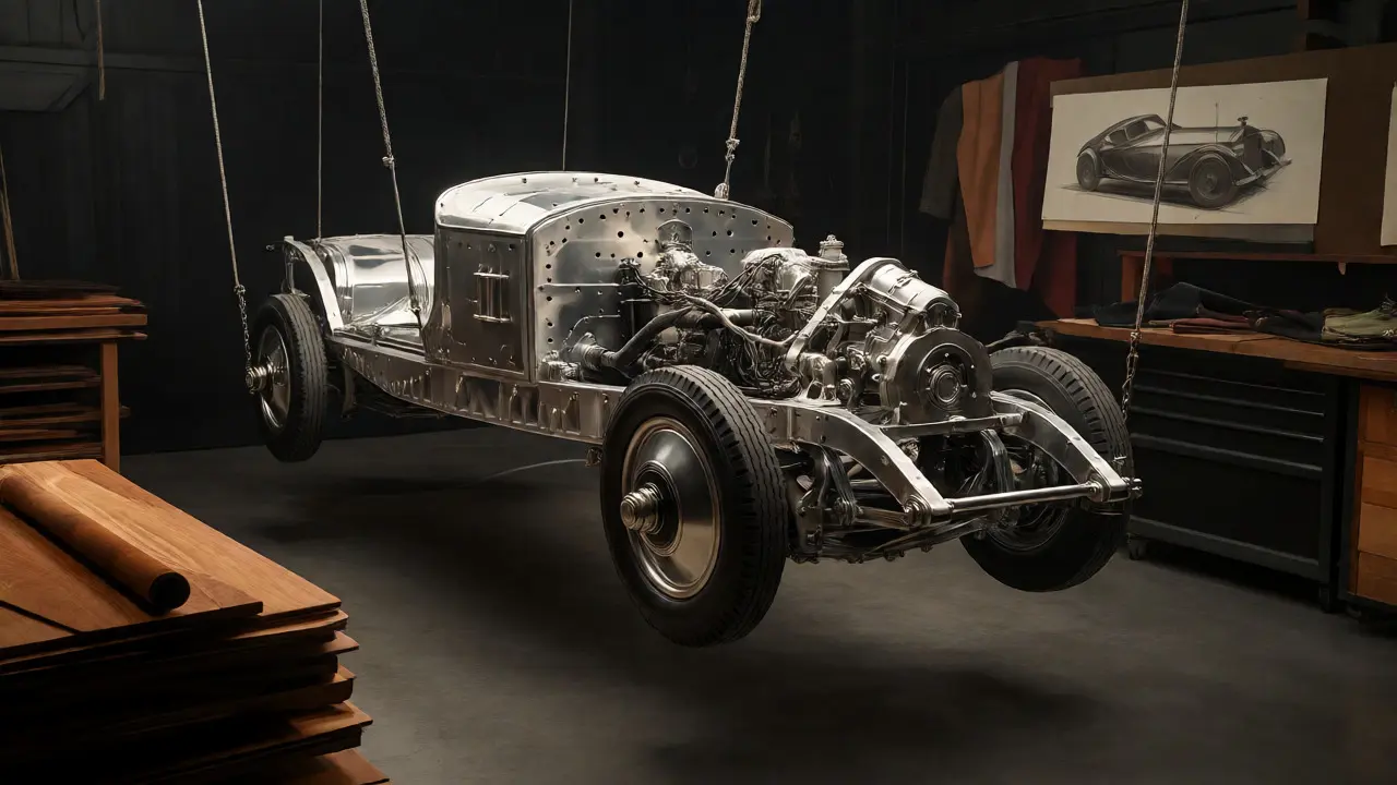 Bare Rolls-Royce chassis in a workshop surrounded by coachbuilding materials