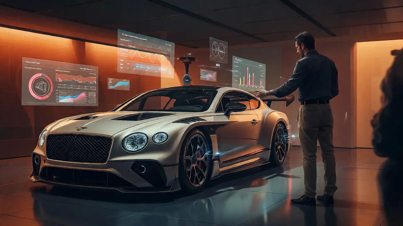 Bentley GT3 surrounded by holographic data with engineers discussing strategy.