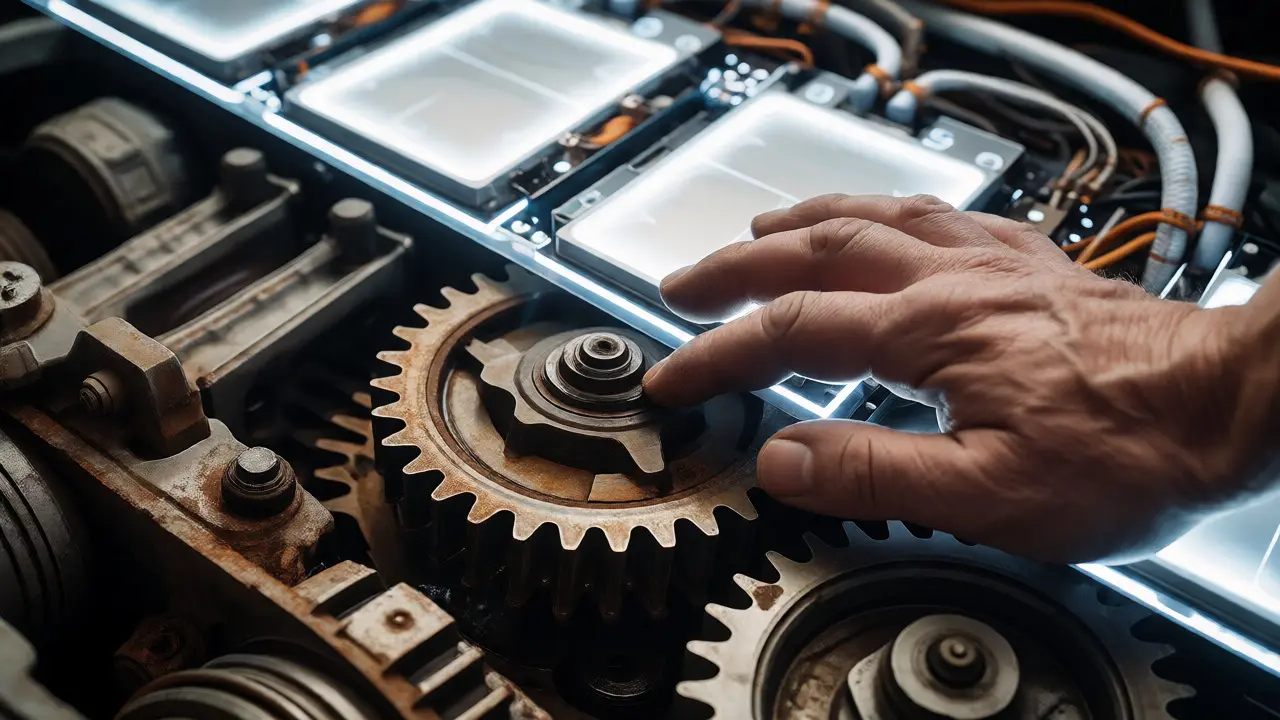 Close-up comparing rusty 1960s engine parts with modern EV battery components.