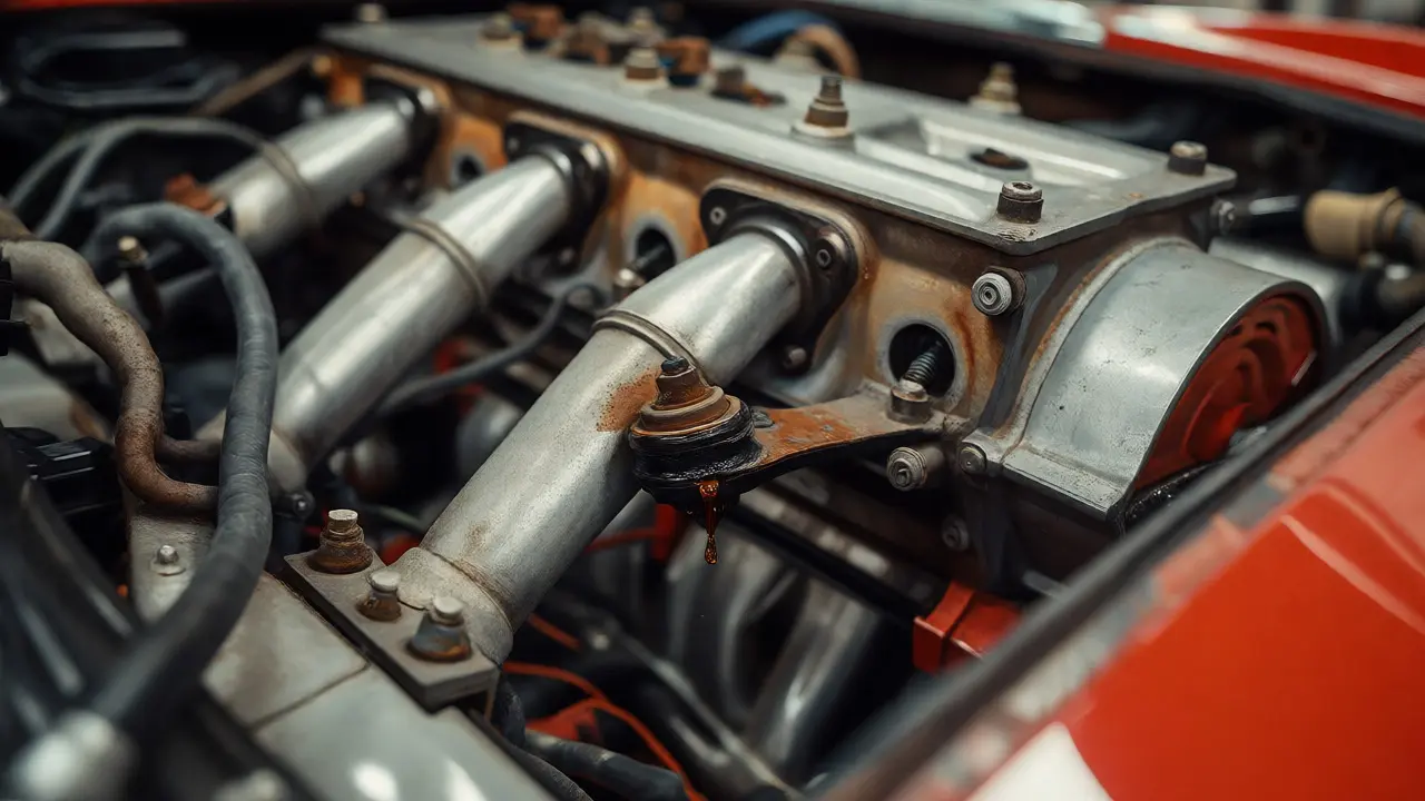 Close-up of a corroded transverse engine mount and faulty wiring in a classic car