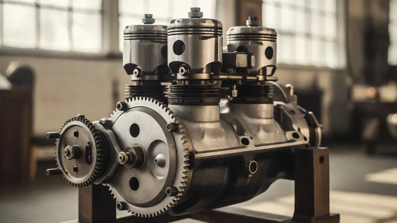 Close-up of a lightweight single-cylinder engine with overhead valves