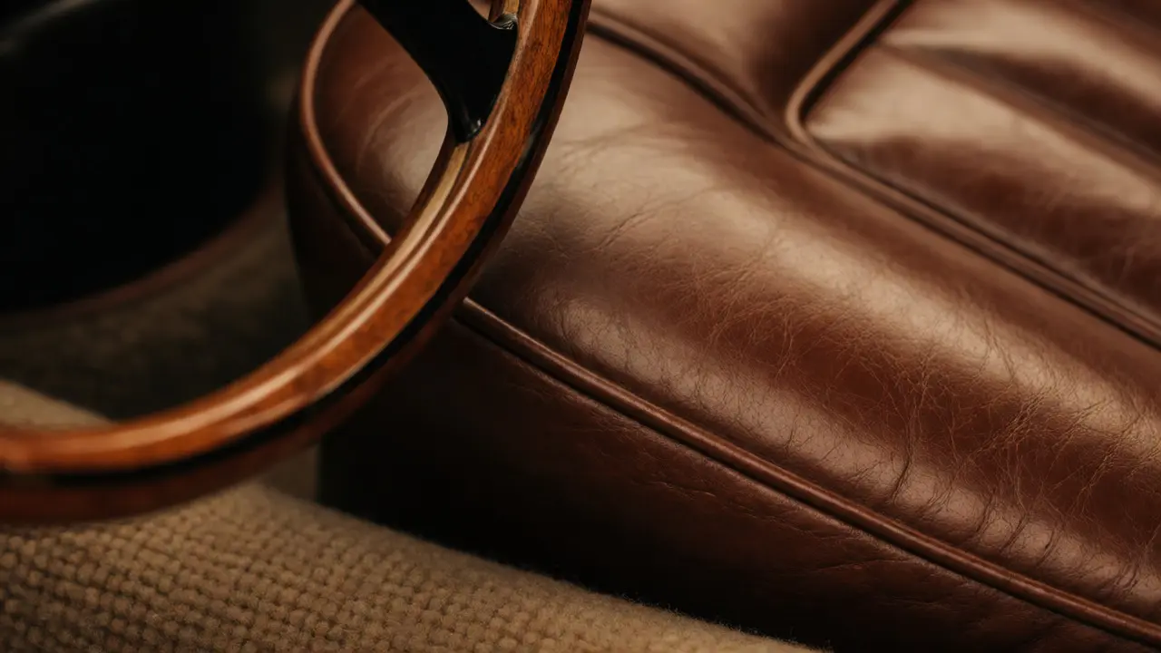 Close-up of aged wood and leather interior details of a vintage Aston Martin