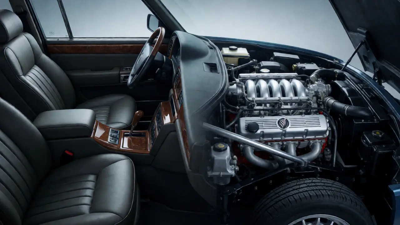 Close-up of the Rover P6's luxurious interior and powerful aluminum V8 engine, highlighting engineering details.