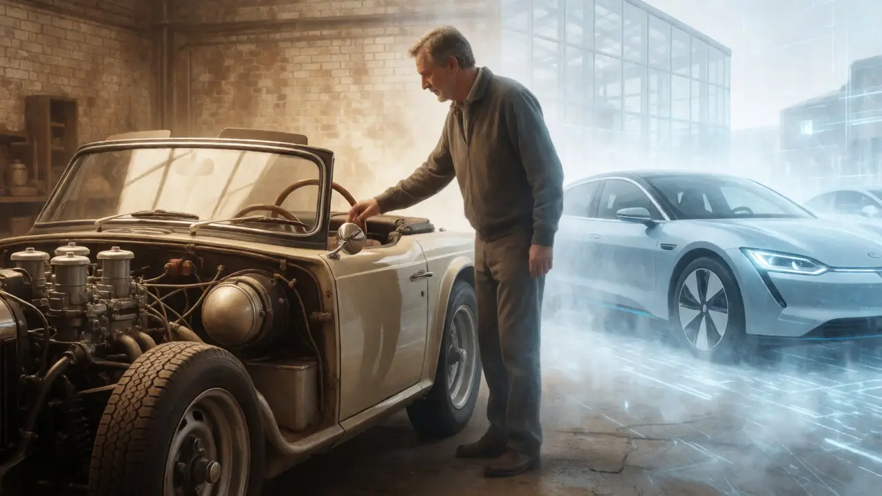 Collector touching a classic British sports car amidst modern EVs.