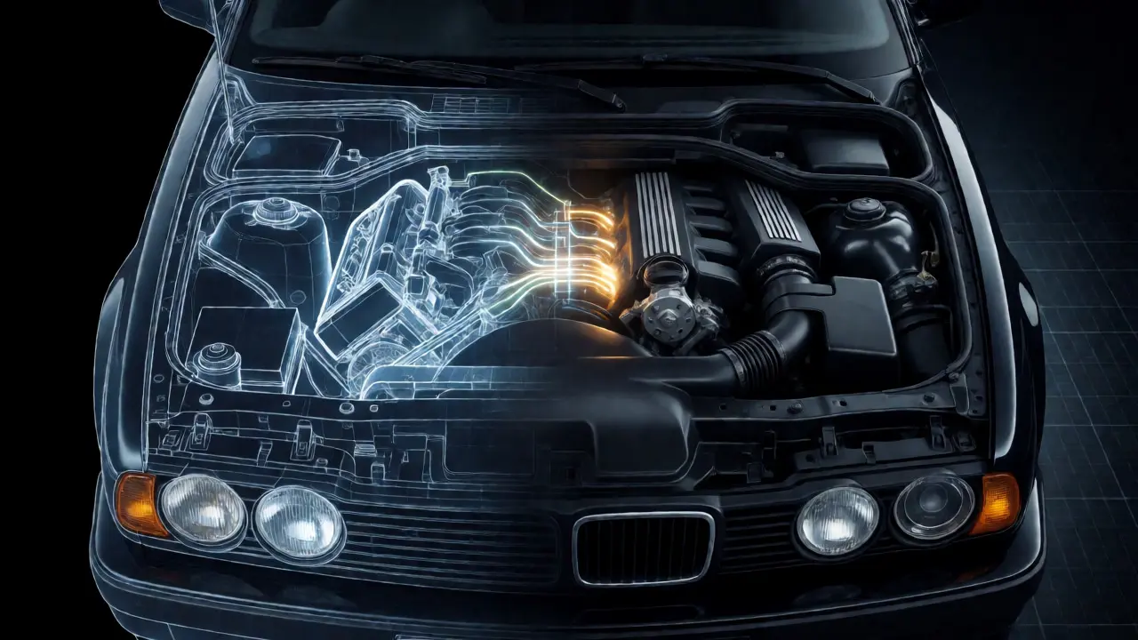 Conceptual art linking Rover SD1 blueprint to BMW engine bay