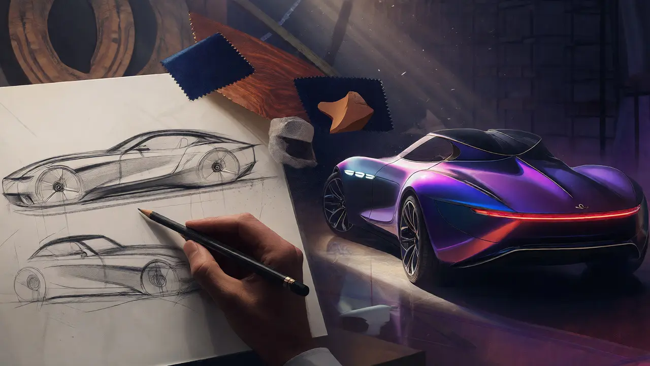 Conceptual art showing a car design evolving from pencil sketches to a finished bespoke vehicle.
