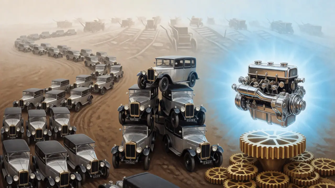 Conceptual art showing three distinct strategies of 1913 UK car makers