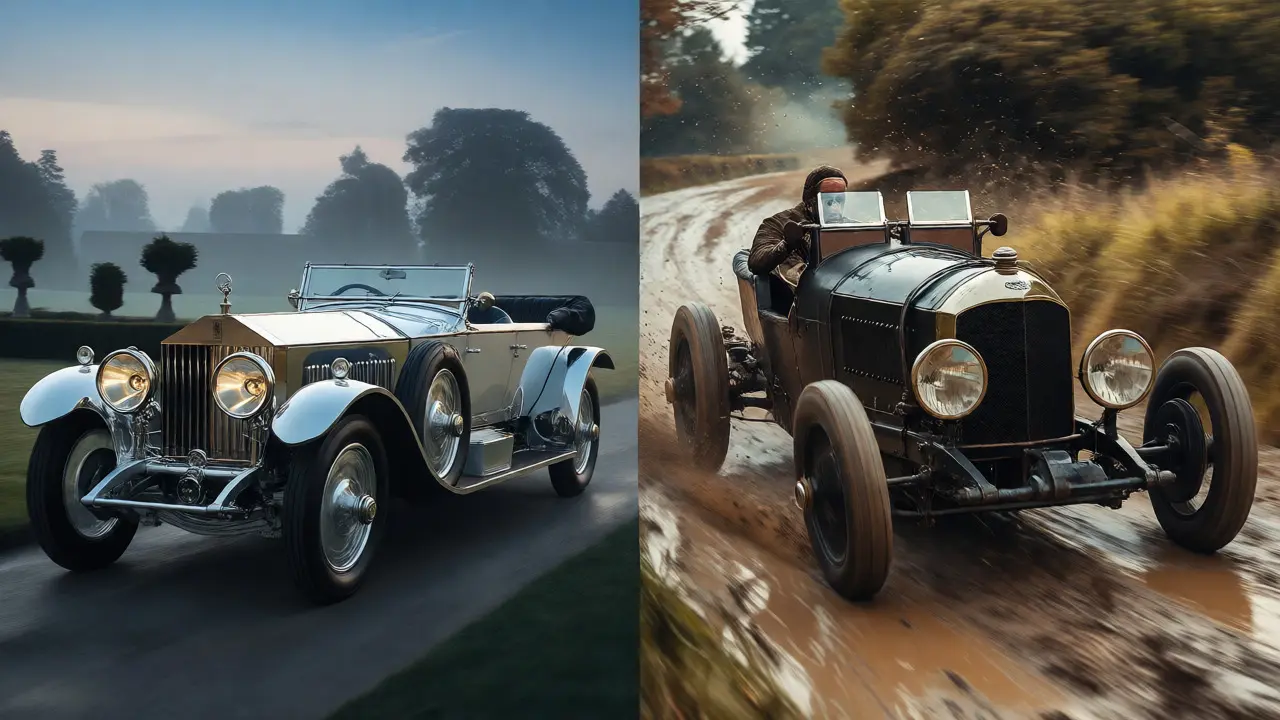 Contrasting a silent Rolls-Royce in a garden with a fast Bentley on a muddy road