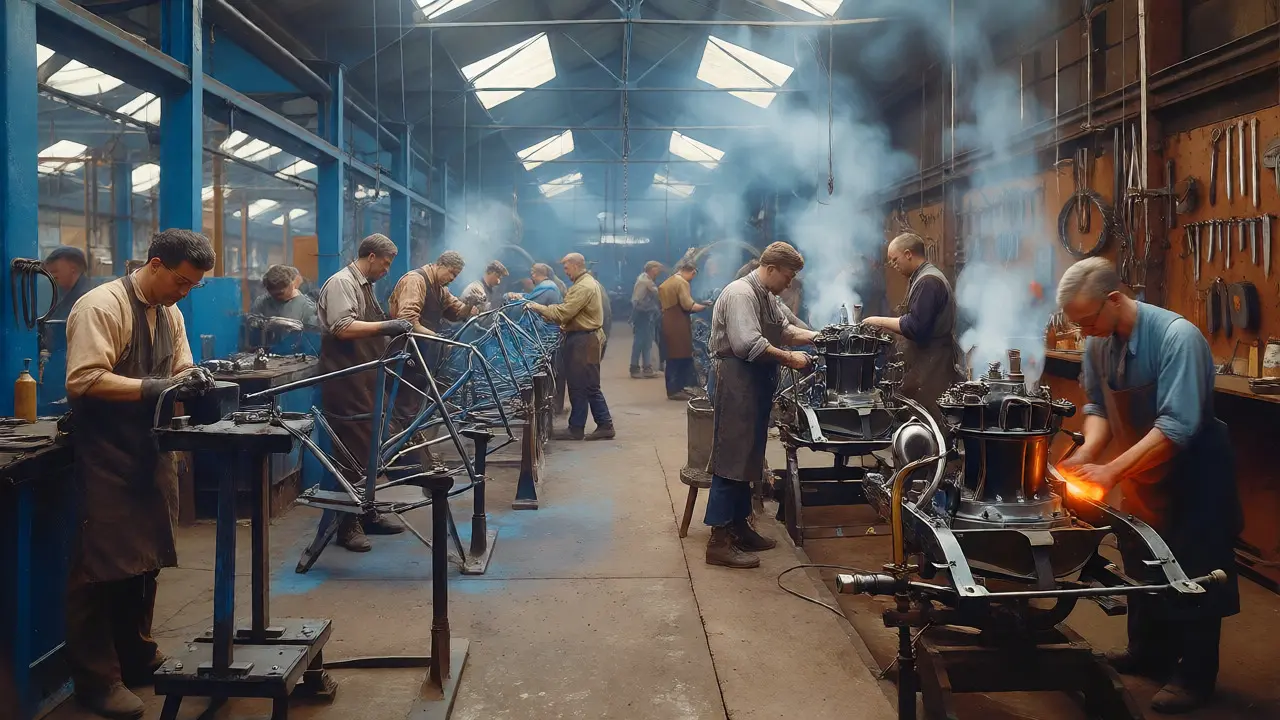 Coventry artisans adapting bicycle skills to assemble early automobiles in a busy workshop