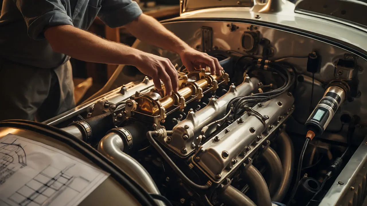 Craftsman assembling a Bentley Blower Continuation engine with precision tools
