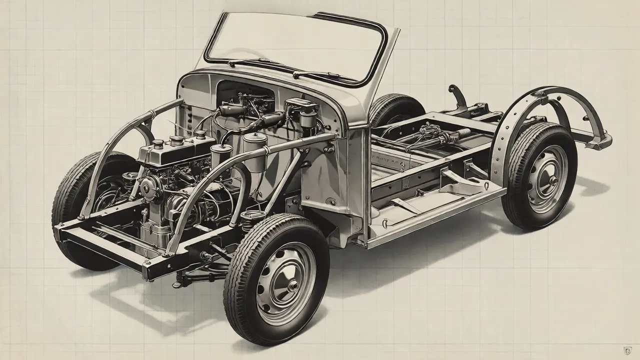 Cutaway technical diagram of the Morris Minor chassis and simple engine layout