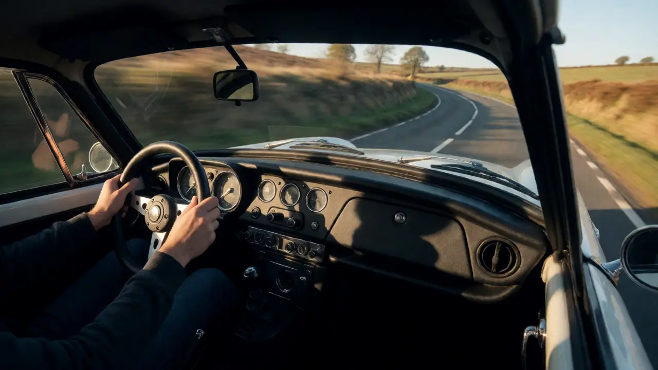 Driver navigating a Triumph Spitfire on a winding road with clear visibility