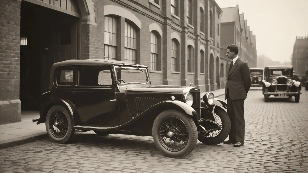 Early Triumph car parked on a British street in the 1930s