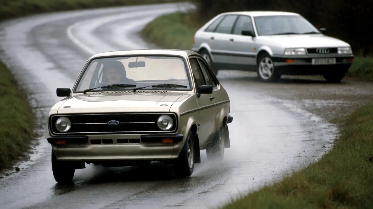 Ford Escort Mk2 on wet road with modern hatchback in background
