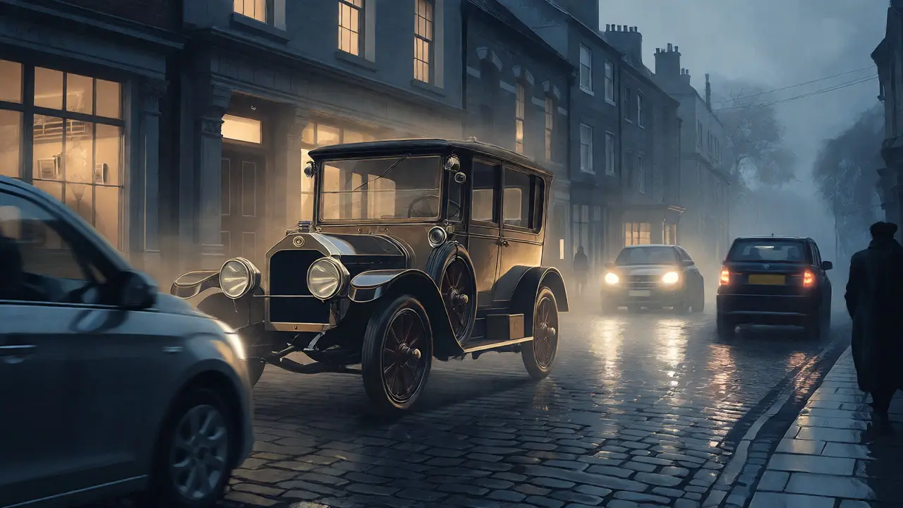 Ghostly vintage Lanchester car fading behind modern traffic on a wet street