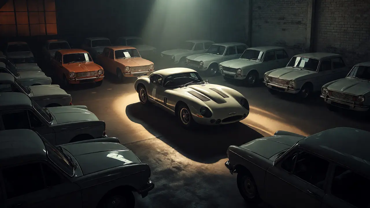 Gleaming Jaguar casting light on ordinary sedans in a dark 1950s showroom.
