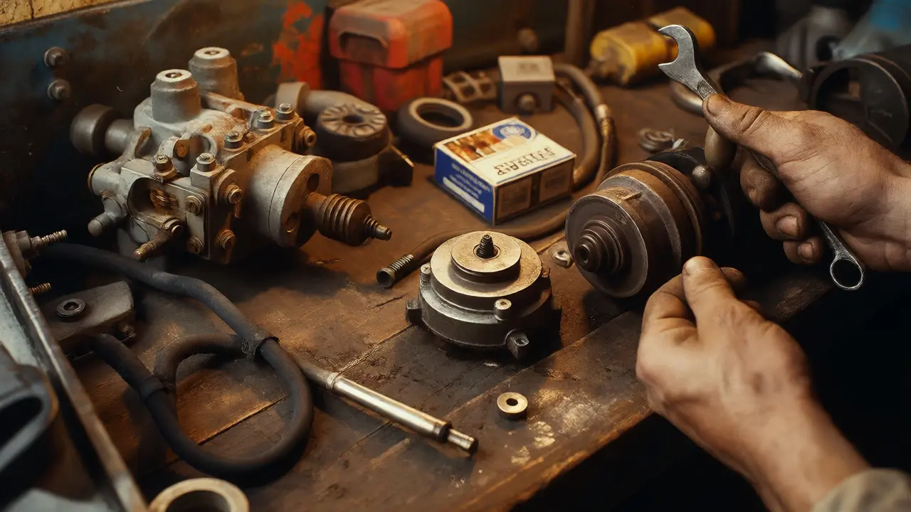 Grease-stained mechanic working on mismatched British Leyland car parts