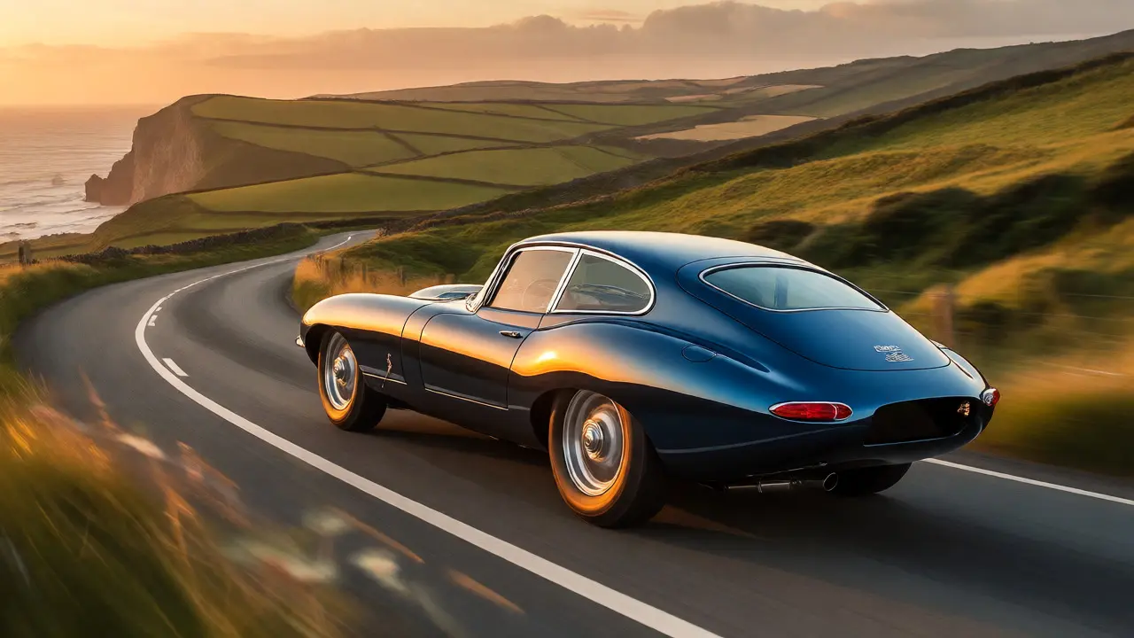 Jaguar E-Type Zero driving on a scenic coastal road at sunset