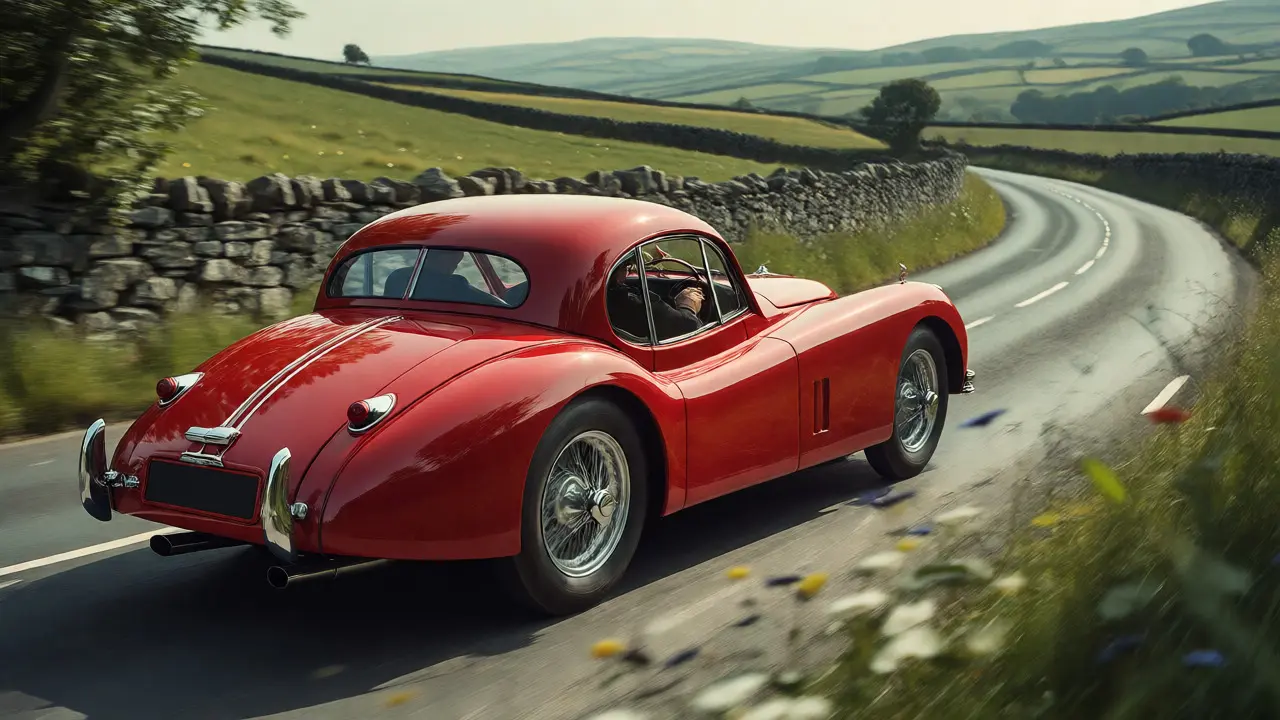 Jaguar XK120 driving on a country road