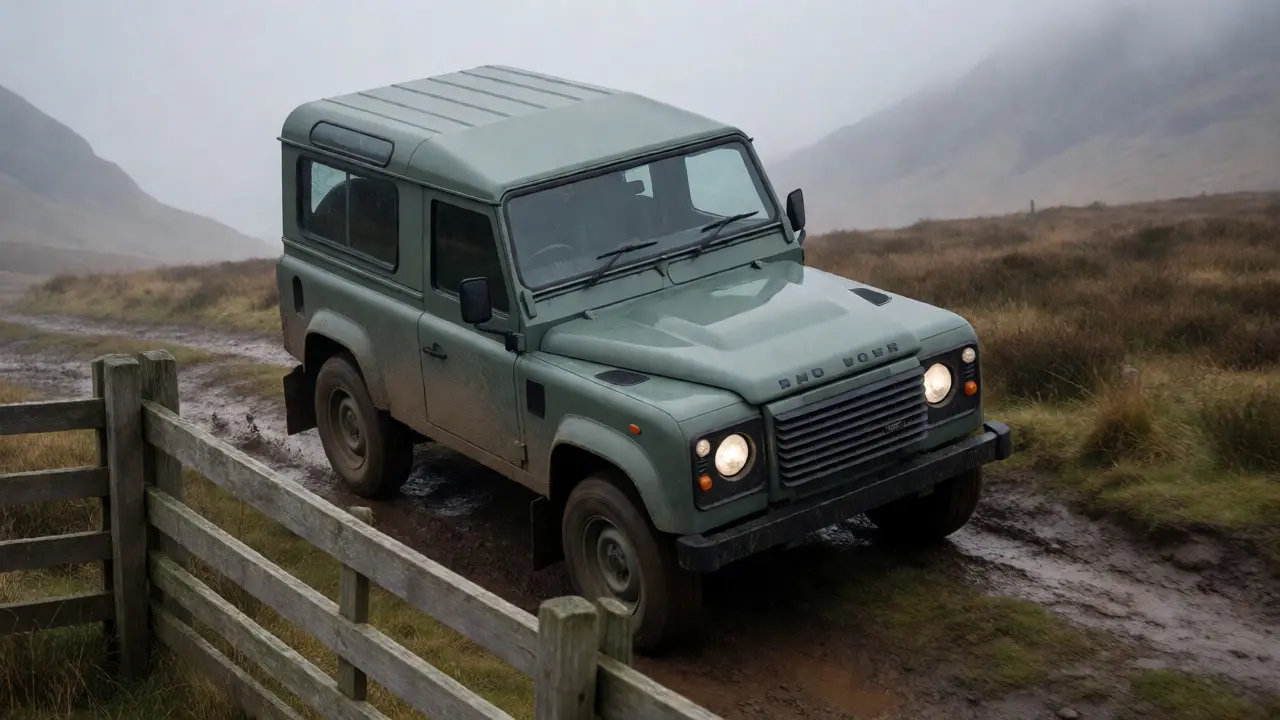 Land Rover Defender driving through mud in the misty Scottish Highlands.