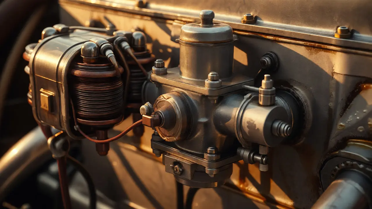 Macro shot of a magneto ignition system and SU carburetor on a vintage engine.