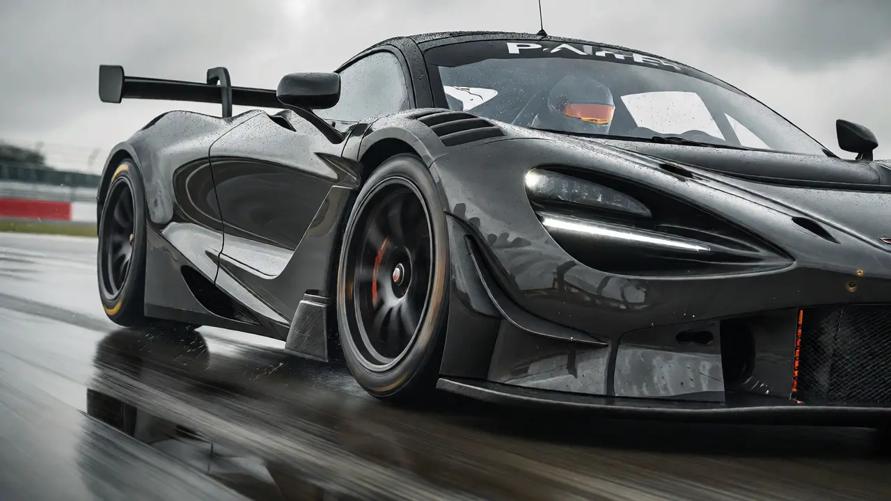 McLaren 720S GT3 racing aggressively on a wet track at Silverstone circuit.