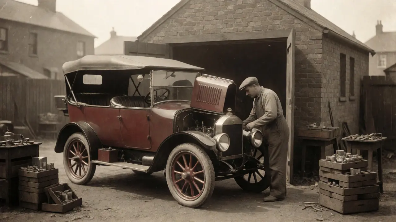 Mechanic working on an early Austin car outside a garage in 1910.