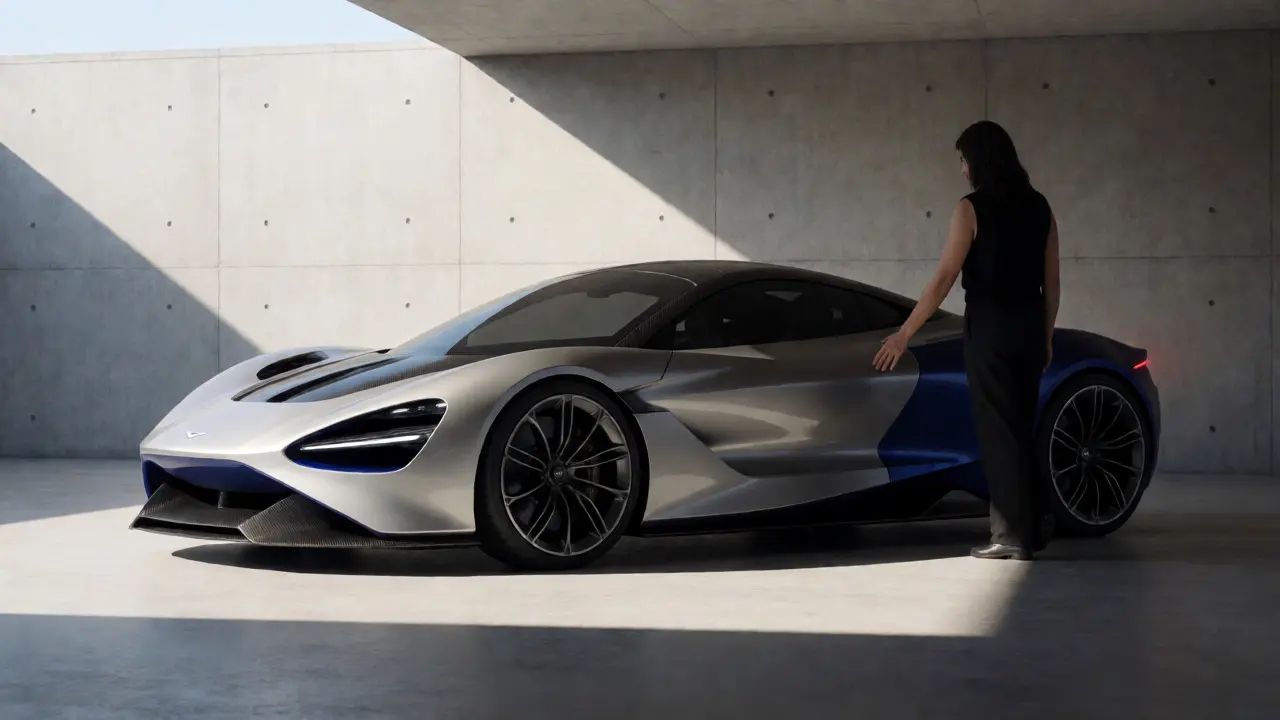 Modern British electric hypercar in a minimalist sunlit concrete garage.