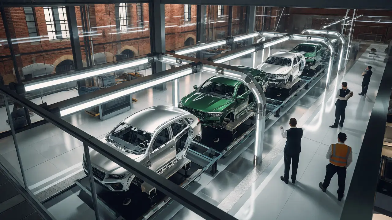 Modern robotic assembly line in a Coventry factory building Jaguar and Land Rover chassis.