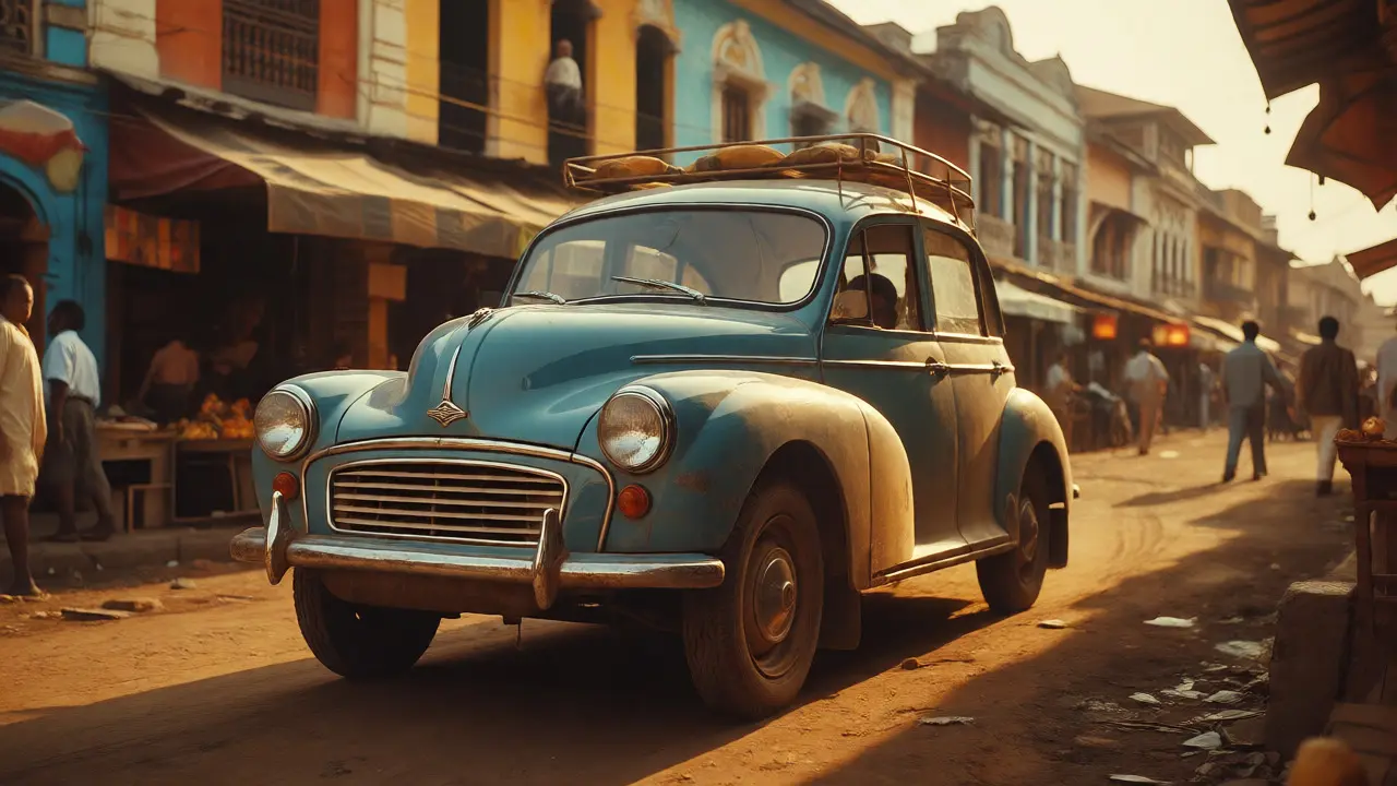 Morris Minor taxi navigating a busy, dusty road in a developing country