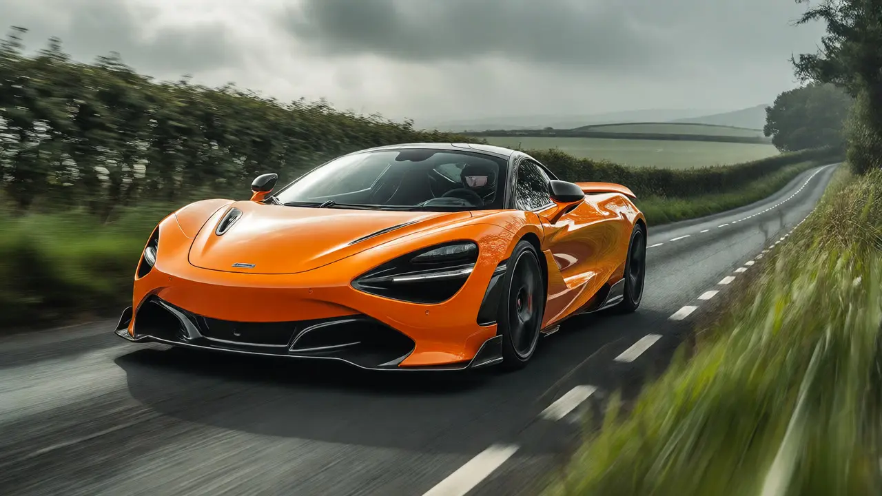 Orange McLaren supercar speeding along a misty British country road