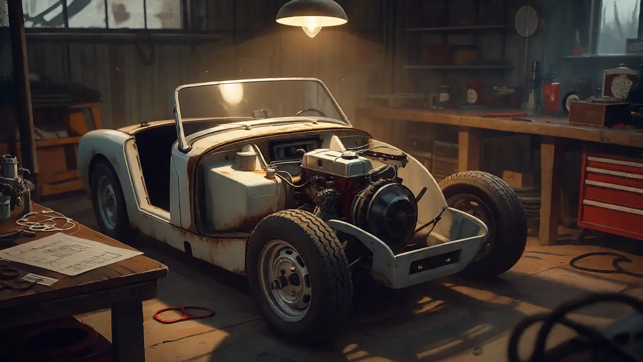 Partially disassembled Sprite in a garage showing engine and rust details
