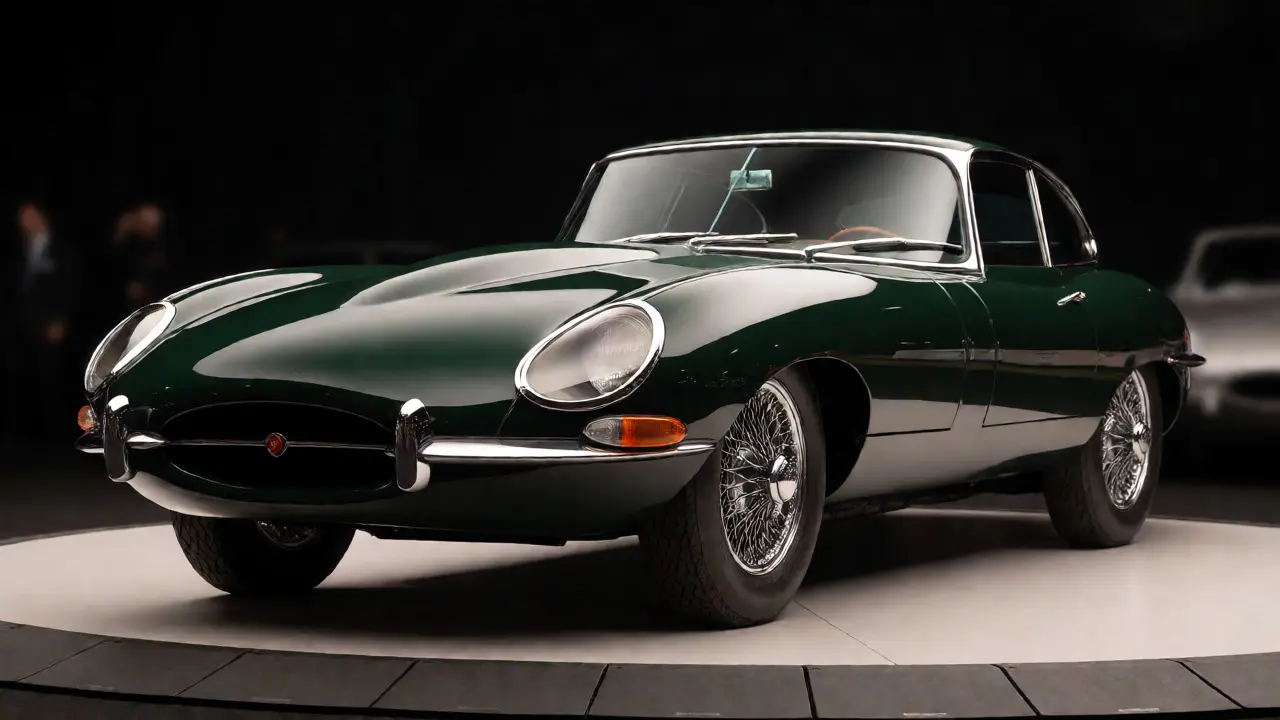Pristine green Jaguar E-Type Series 1 displayed under studio auction lights.