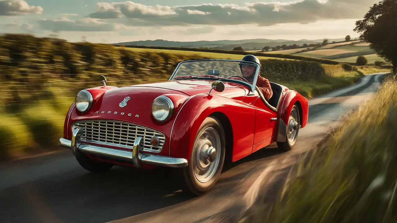 Red Triumph TR3 sports car driving on a scenic country road