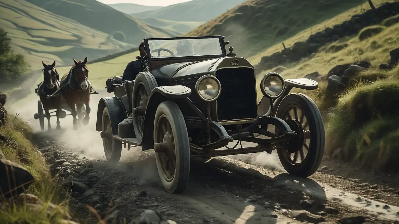 Rugged 1920s British car driving on rough rural roads, demonstrating durability