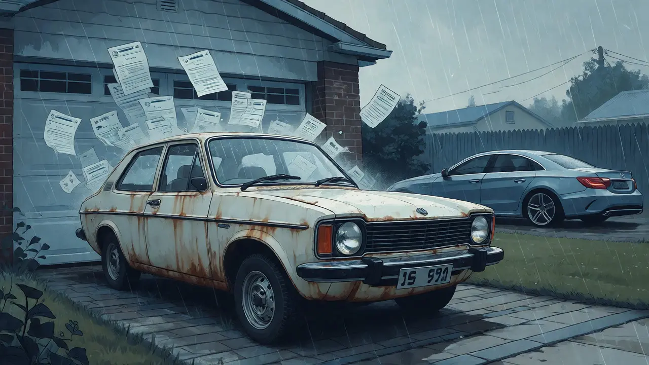 Rusting British Leyland car in rain surrounded by floating warranty papers