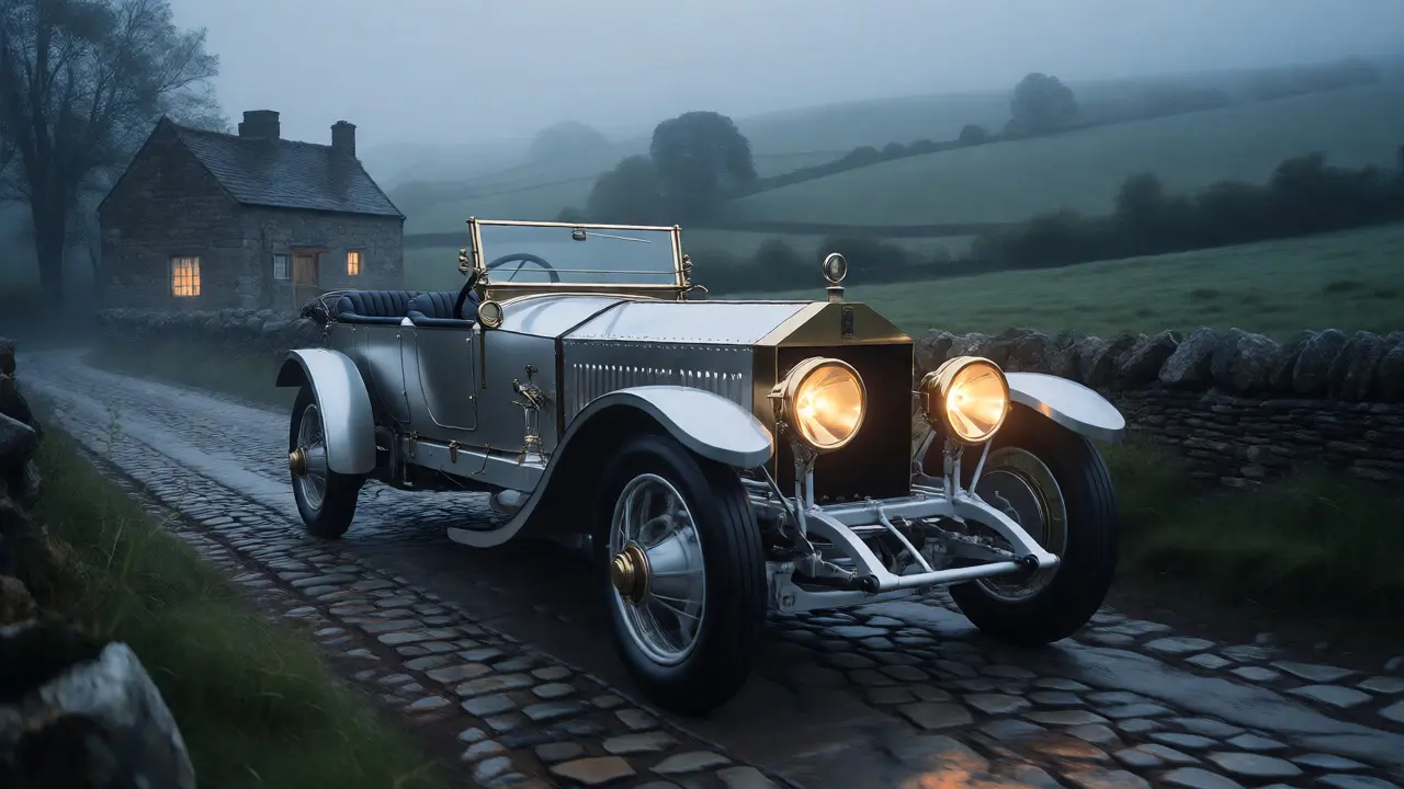 Silver Rolls-Royce driving smoothly on a misty British country road
