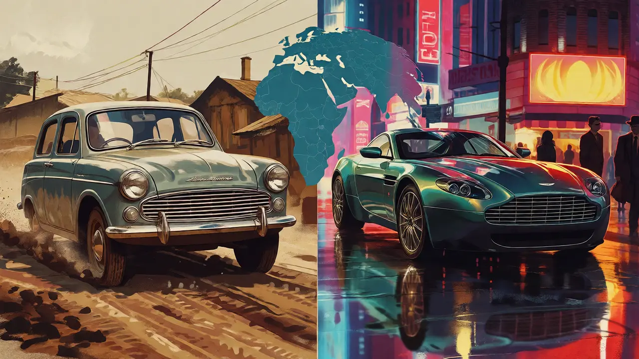 Split scene of a rugged car on a dusty road and a luxury car in a city at night.