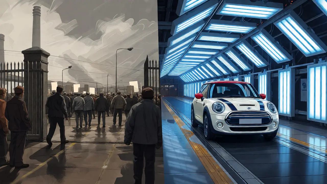 Split view of 1970s strikes at Longbridge versus modern electric Mini production.