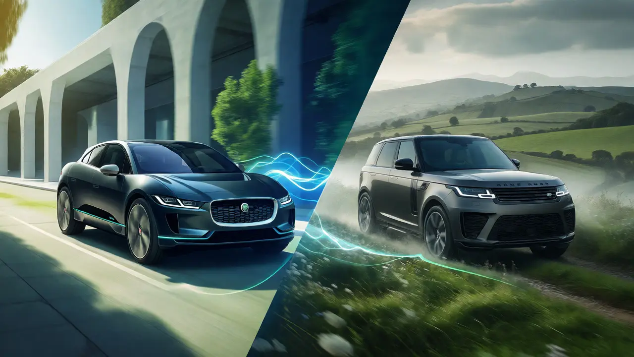 Split view of an electric Jaguar in a city and a Range Rover in the countryside.