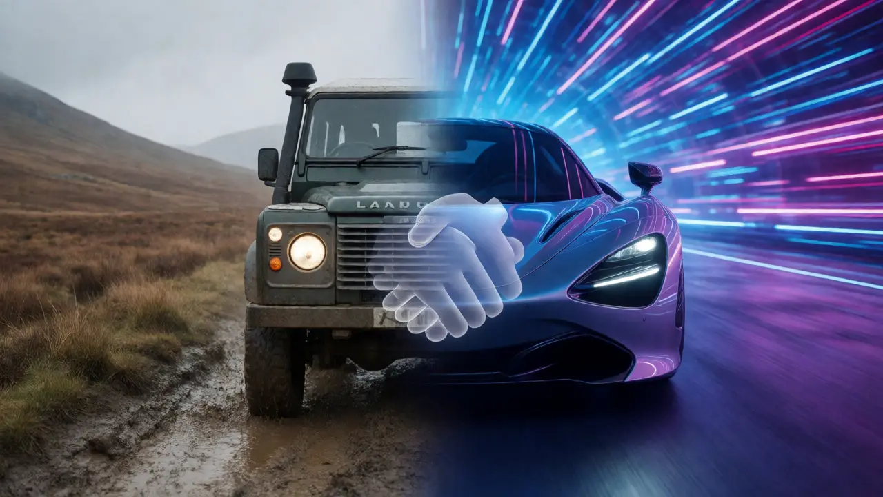 Split view of Land Rover in nature and McLaren in city