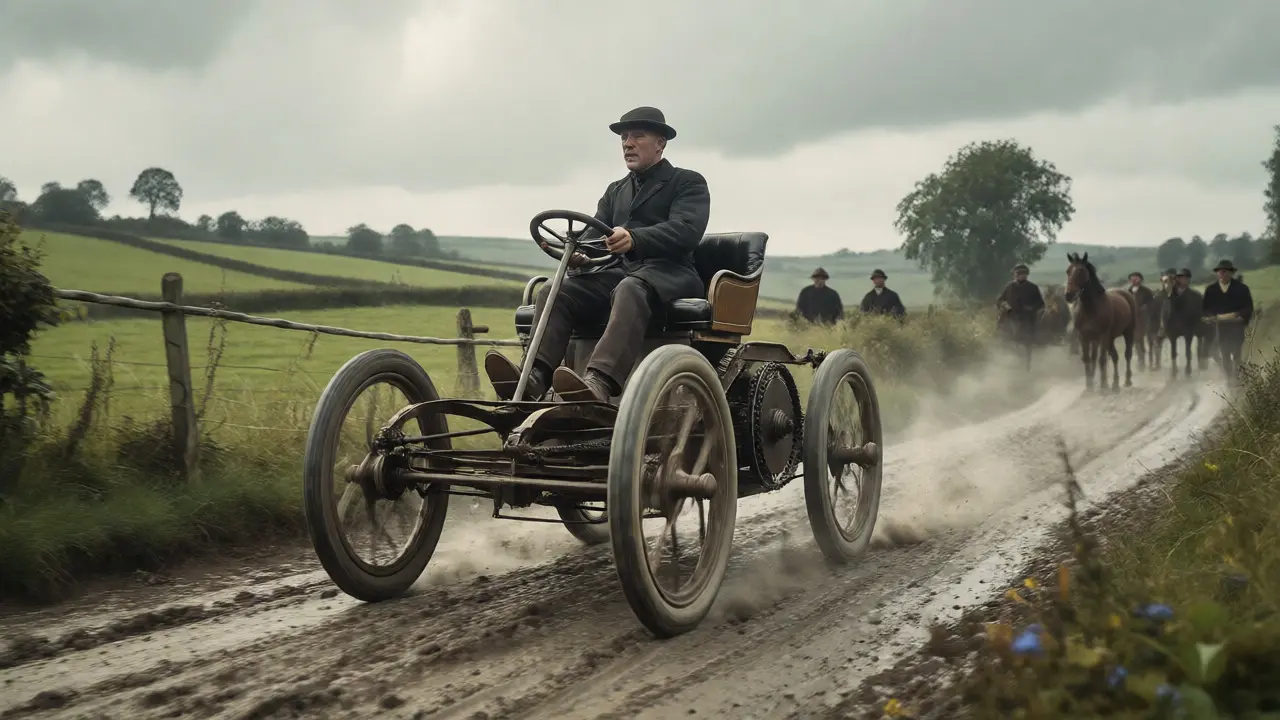 Stephens driving his primitive automobile on a dusty rural road with onlookers